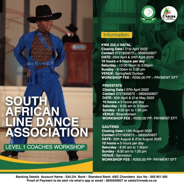 Read more about the article SOUTH AFRICAN LINE DANCE ASSOCIATION – LEVEL 1 COACHES WORKSHOP DATES